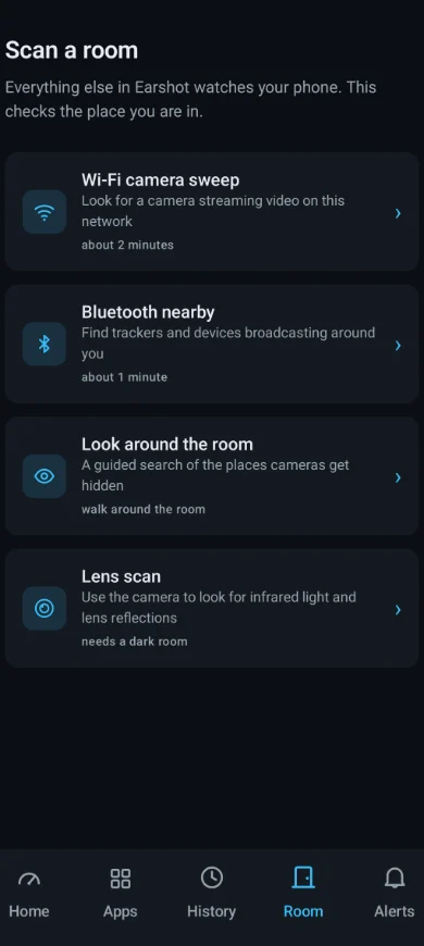 Earshot’s Scan a room screen: a Wi-Fi camera sweep, Bluetooth nearby, a guided look around the room and a lens scan
