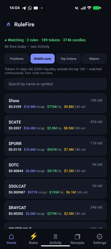 RuleFire’s home screen: the rules being watched, and Solana tokens with price, market cap, liquidity and volume