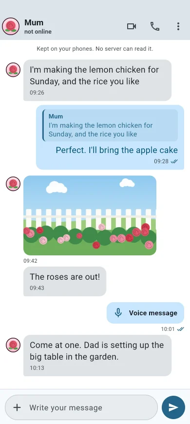 A chat in Windpost between a daughter and her mother, planning Sunday lunch