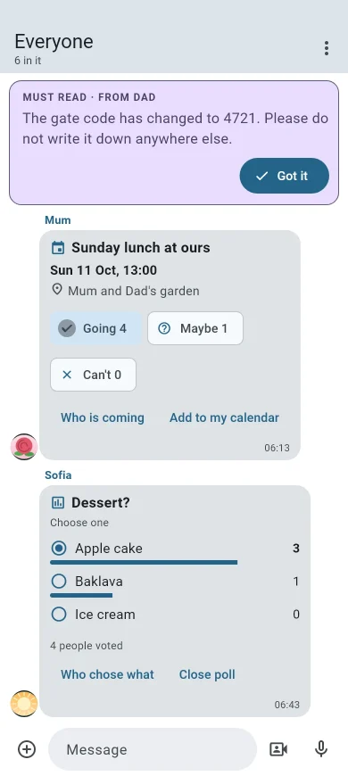 A family’s chat in Windpost, with a must-read message, an event and a poll
